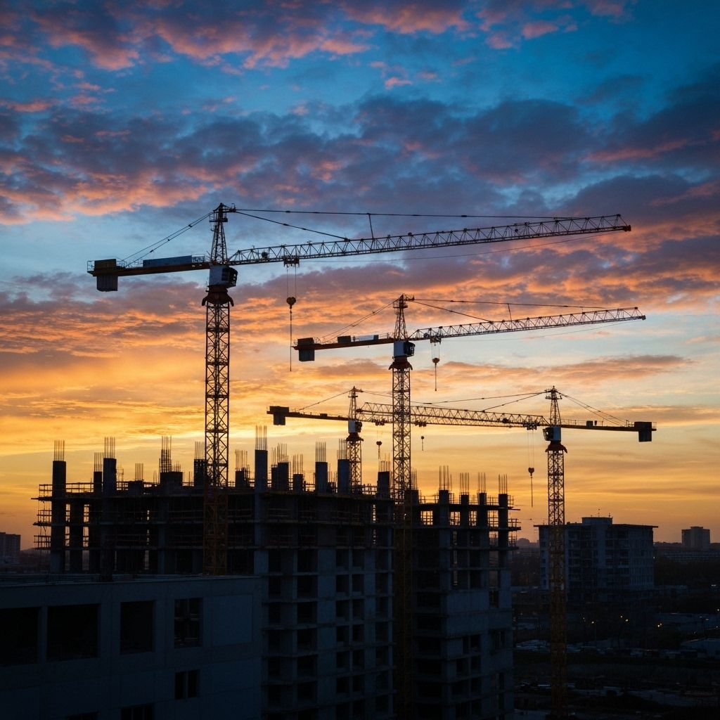 Construction cranes against dramatic sky